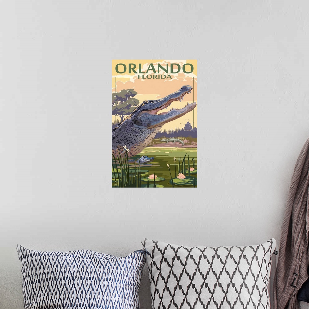 A bohemian room featuring Orlando, Florida - Alligator Scene: Retro Travel Poster