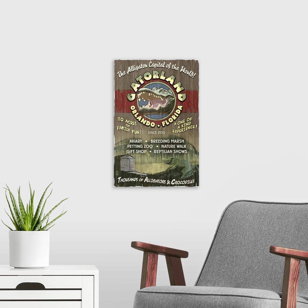 A modern room featuring Orlando, Florida - Alligator Vintage Sign: Retro Travel Poster