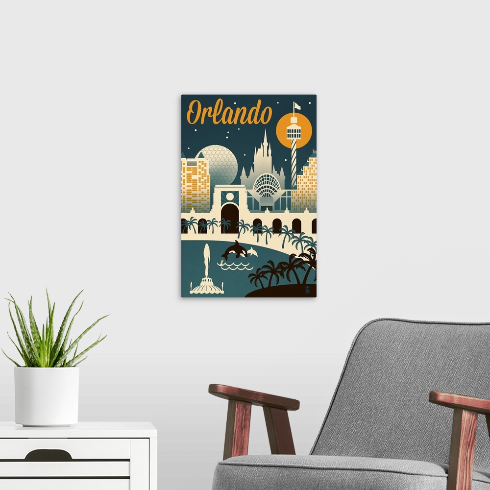 A modern room featuring Orlando, Florida Retro Skyline