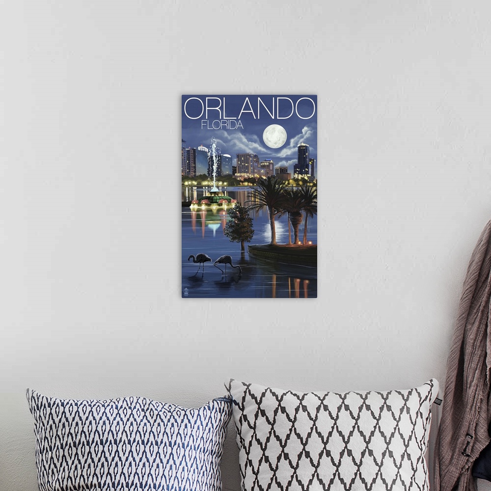 A bohemian room featuring Orlando, Florida - Skyline at Night: Retro Travel Poster
