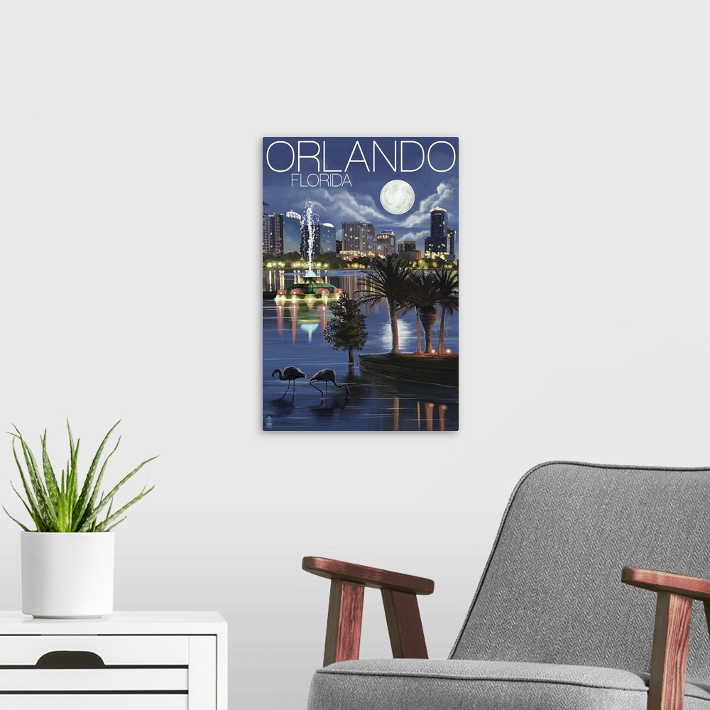 A modern room featuring Orlando, Florida - Skyline at Night: Retro Travel Poster