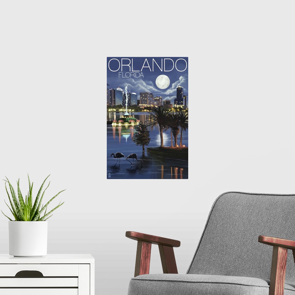A modern room featuring Orlando, Florida - Skyline at Night: Retro Travel Poster