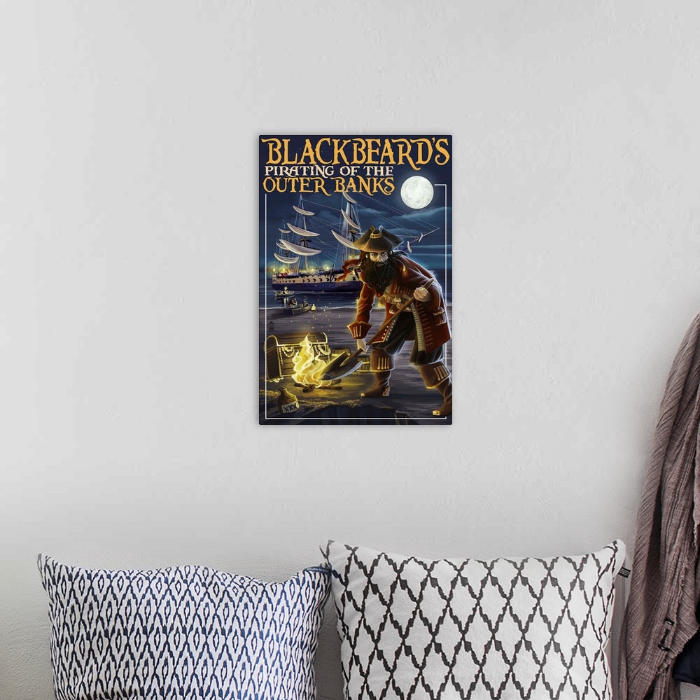 A bohemian room featuring Outer Banks, North Carolina - Blackbeard Pirate: Retro Travel Poster