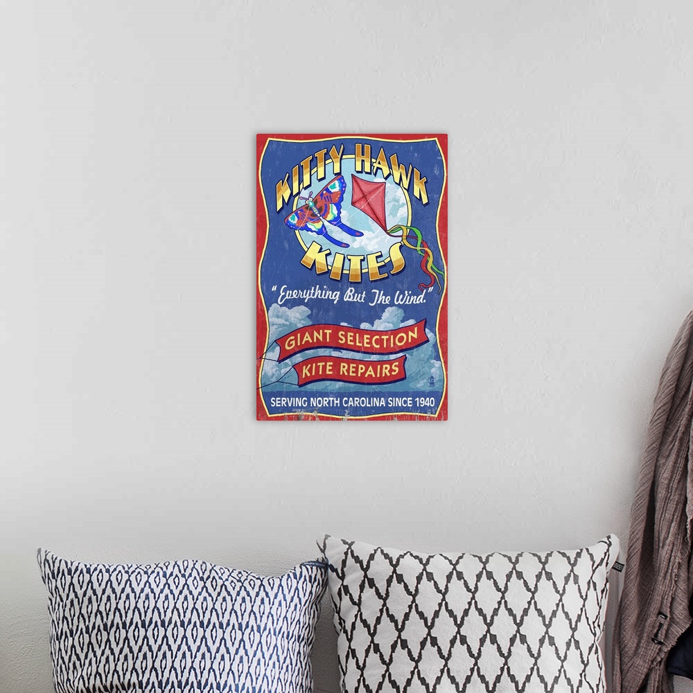 A bohemian room featuring Outer Banks, North Carolina - Kitty Hawk Kite Shop Vintage Sign: Retro Travel Poster