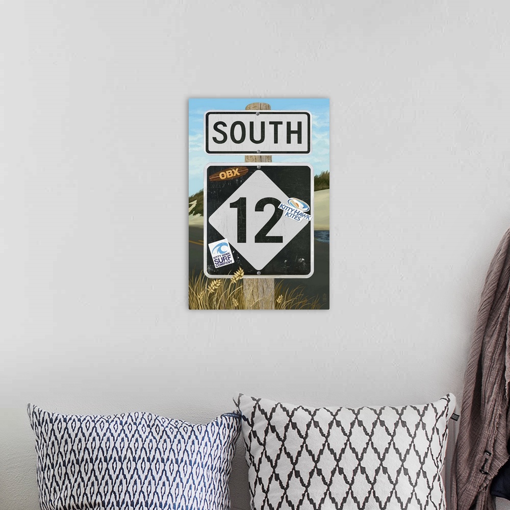 A bohemian room featuring Outer Banks, North Carolina - Route 12 Sign: Retro Travel Poster