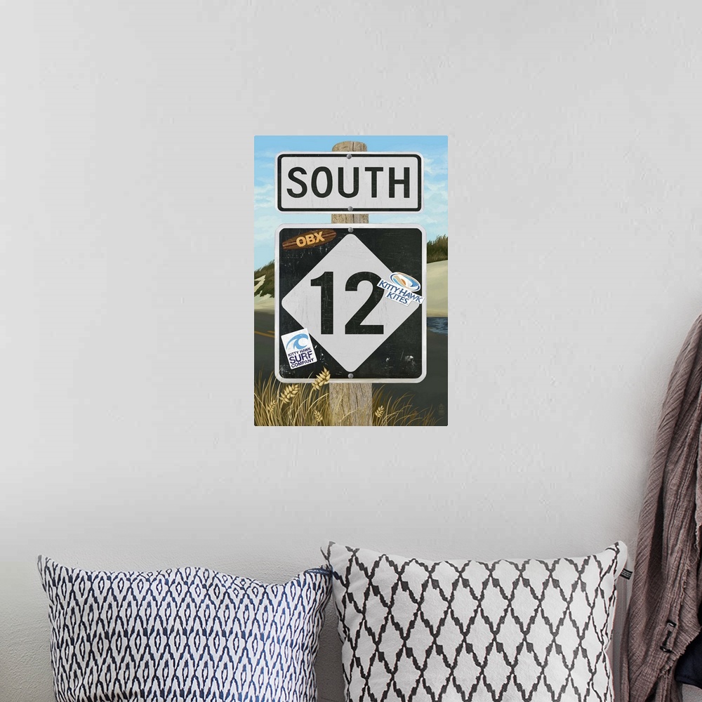 A bohemian room featuring Outer Banks, North Carolina - Route 12 Sign: Retro Travel Poster