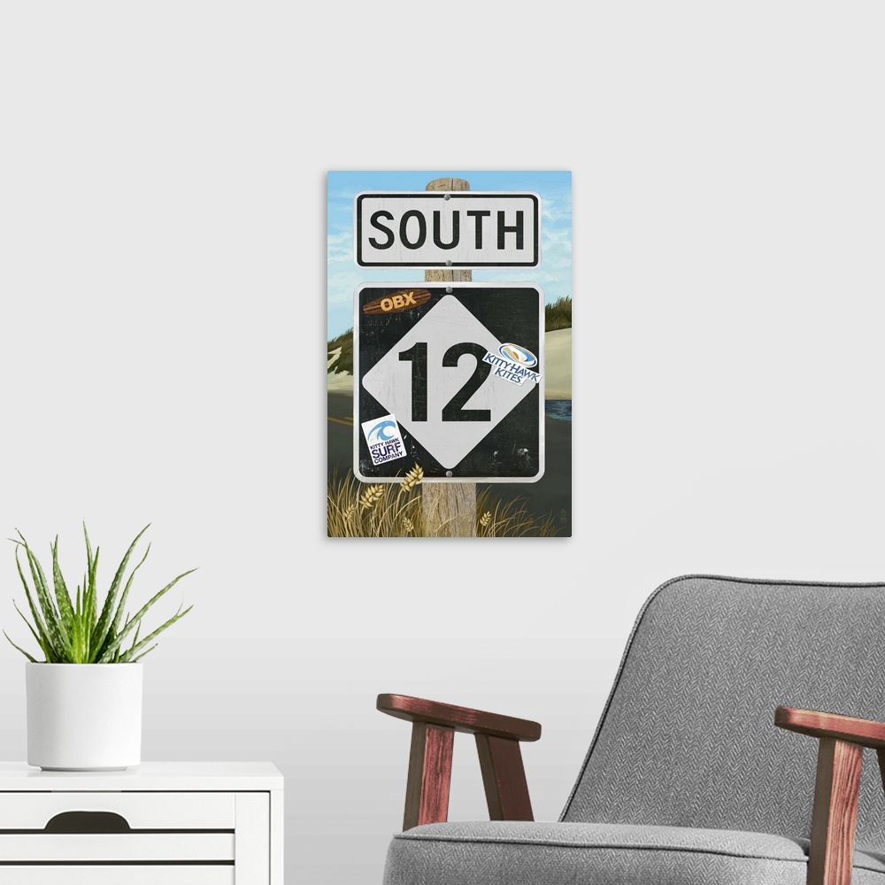 A modern room featuring Outer Banks, North Carolina - Route 12 Sign: Retro Travel Poster