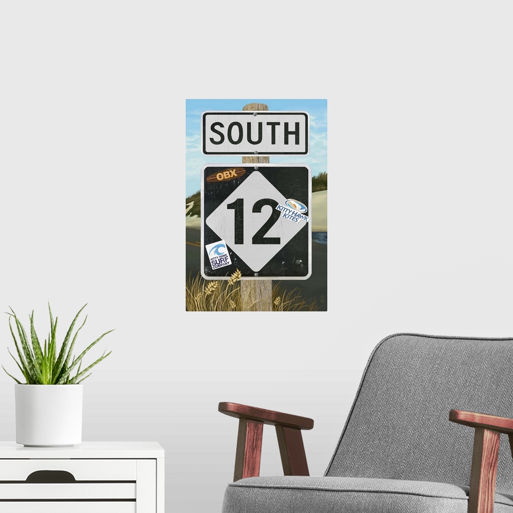 A modern room featuring Outer Banks, North Carolina - Route 12 Sign: Retro Travel Poster