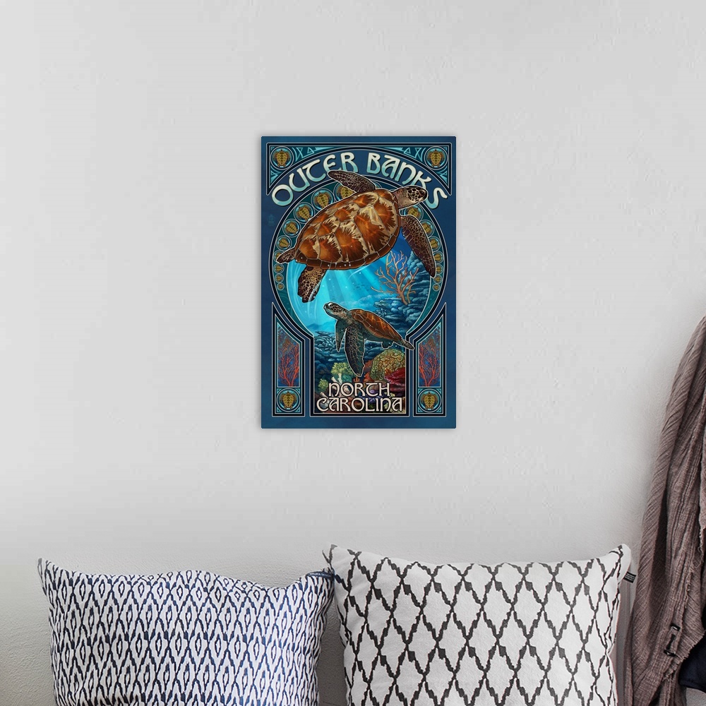 A bohemian room featuring Outer Banks - North Carolina - Sea Turtle Art Nouveau: Retro Travel Poster