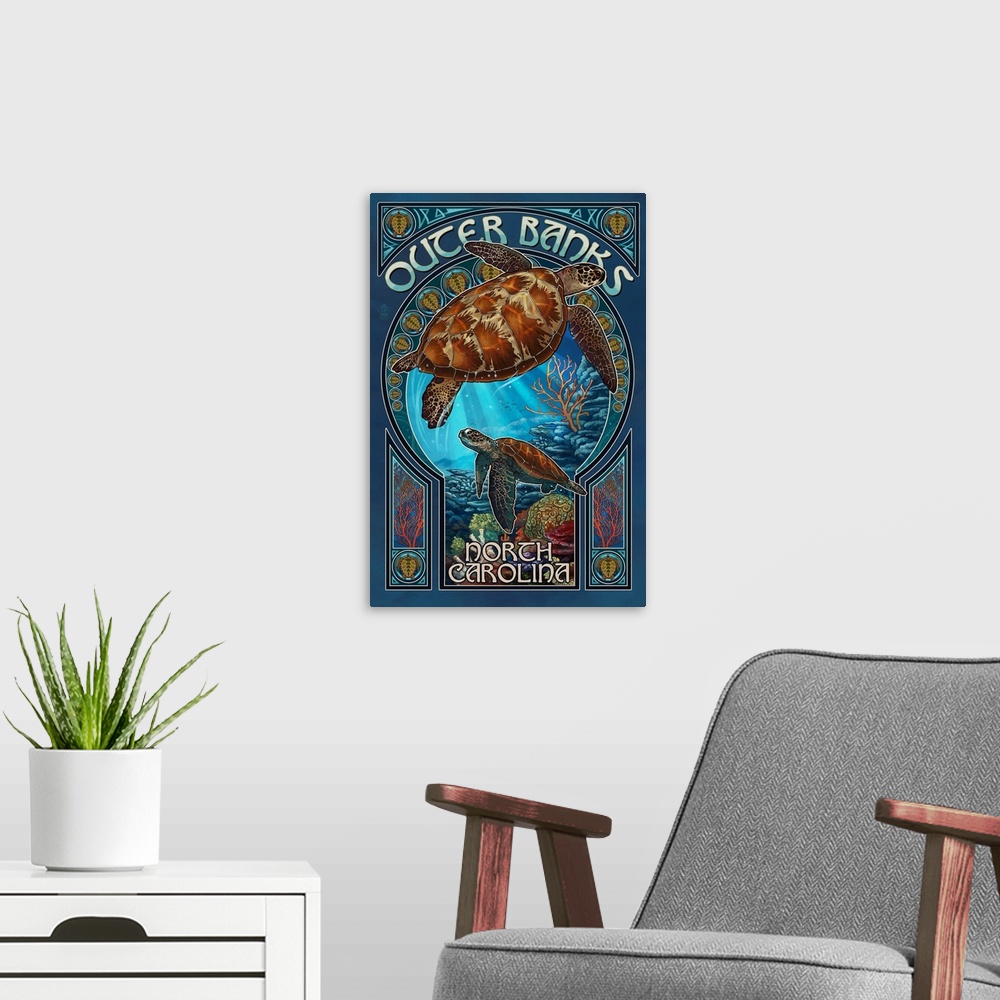 A modern room featuring Outer Banks - North Carolina - Sea Turtle Art Nouveau: Retro Travel Poster
