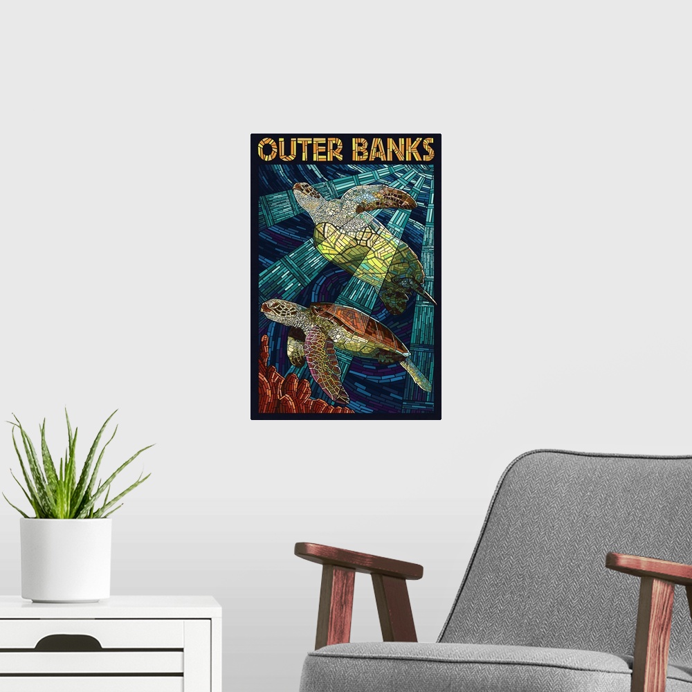 A modern room featuring Outer Banks, North Carolina - Sea Turtle Mosaic: Retro Travel Poster