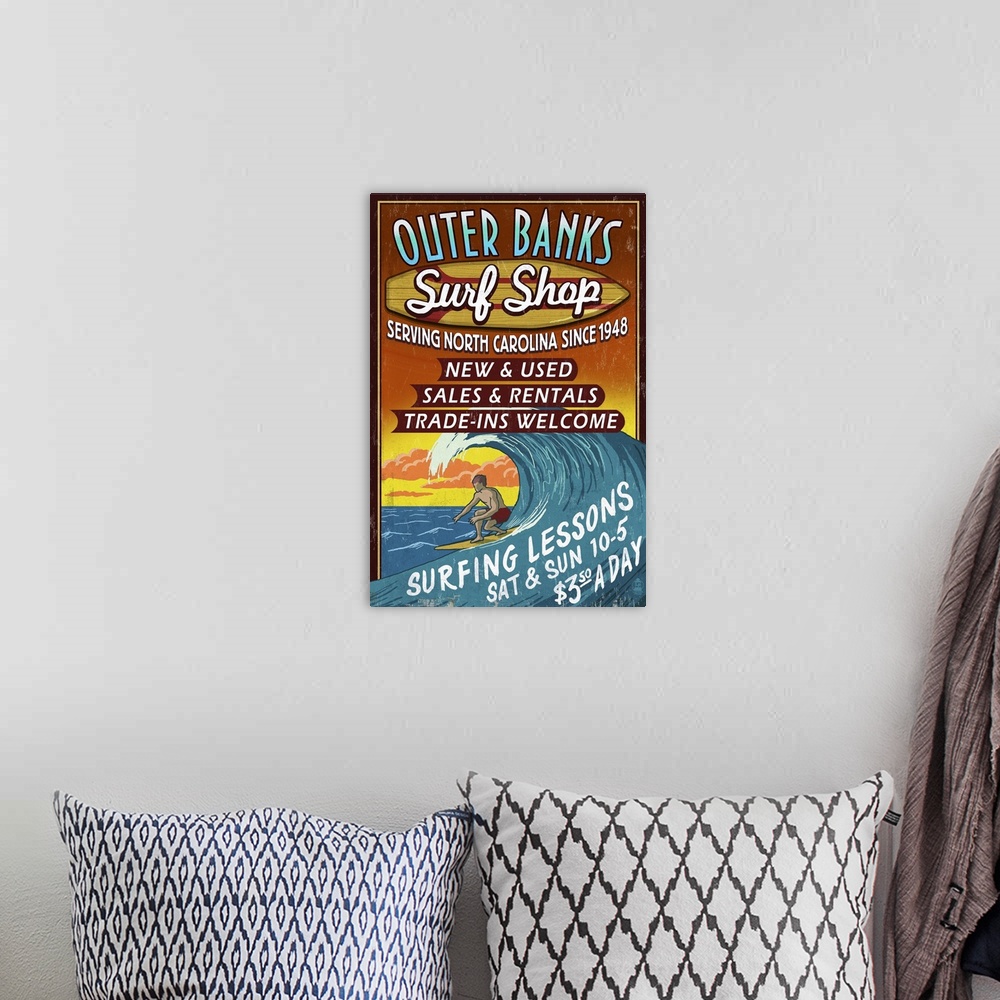 A bohemian room featuring Outer Banks, North Carolina - Surf Shop Vintage Sign: Retro Travel Poster