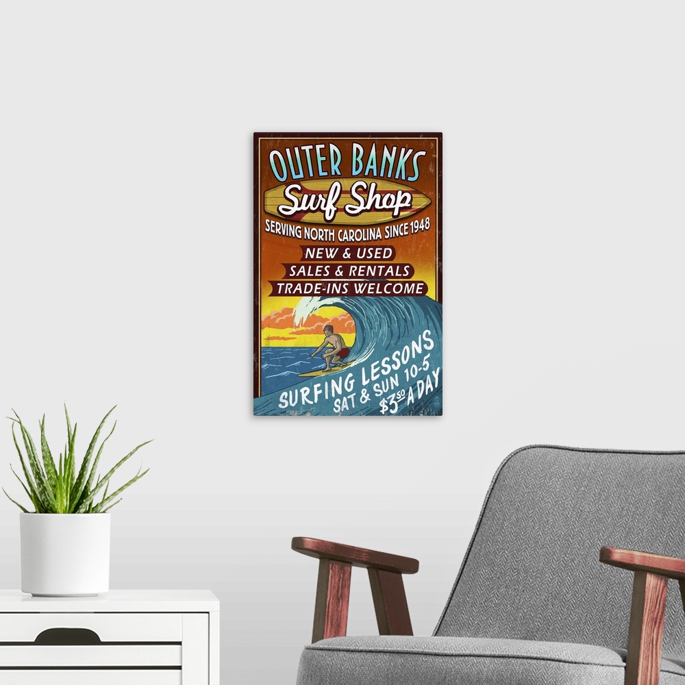 A modern room featuring Outer Banks, North Carolina - Surf Shop Vintage Sign: Retro Travel Poster