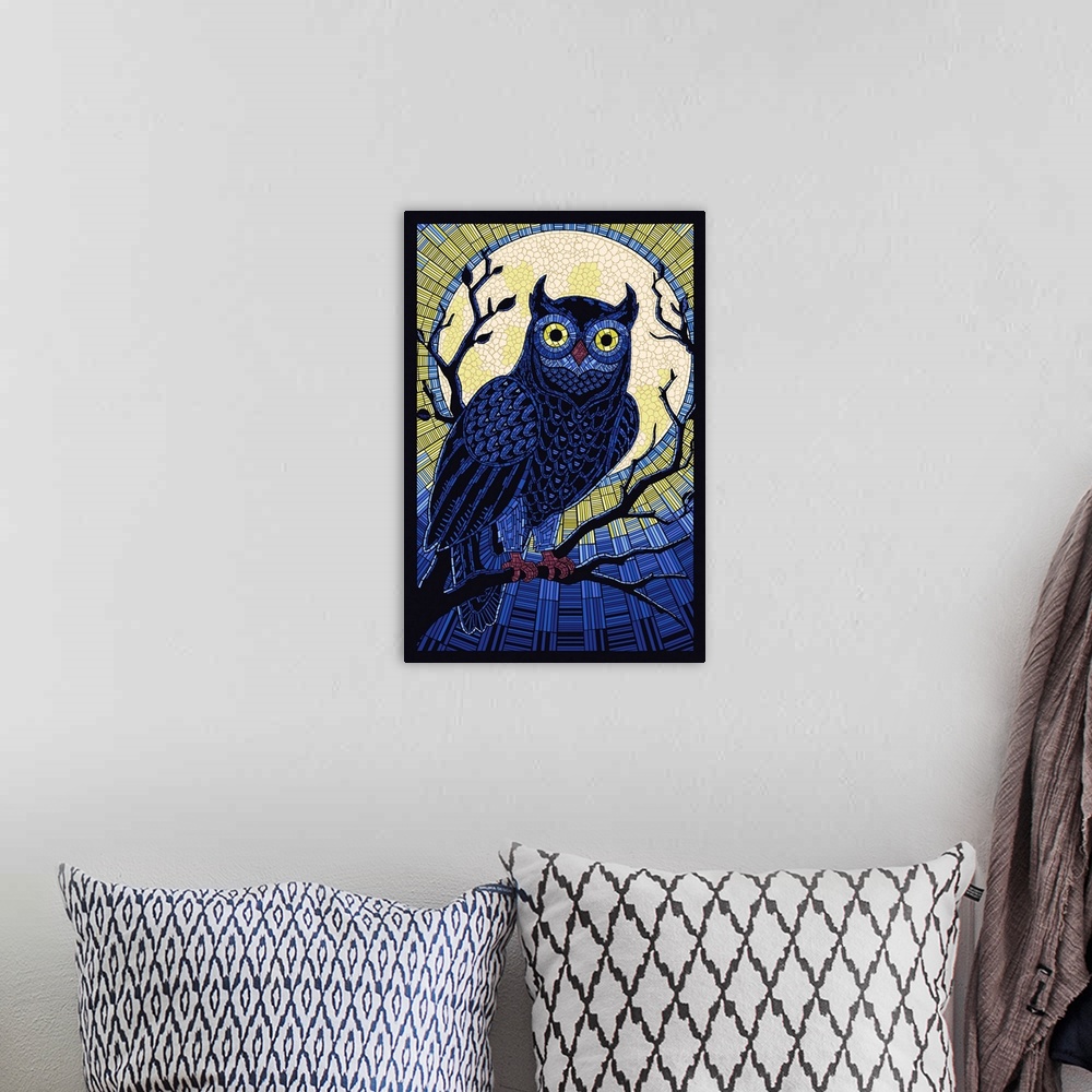 A bohemian room featuring Owl - Paper Mosaic: Retro Art Poster