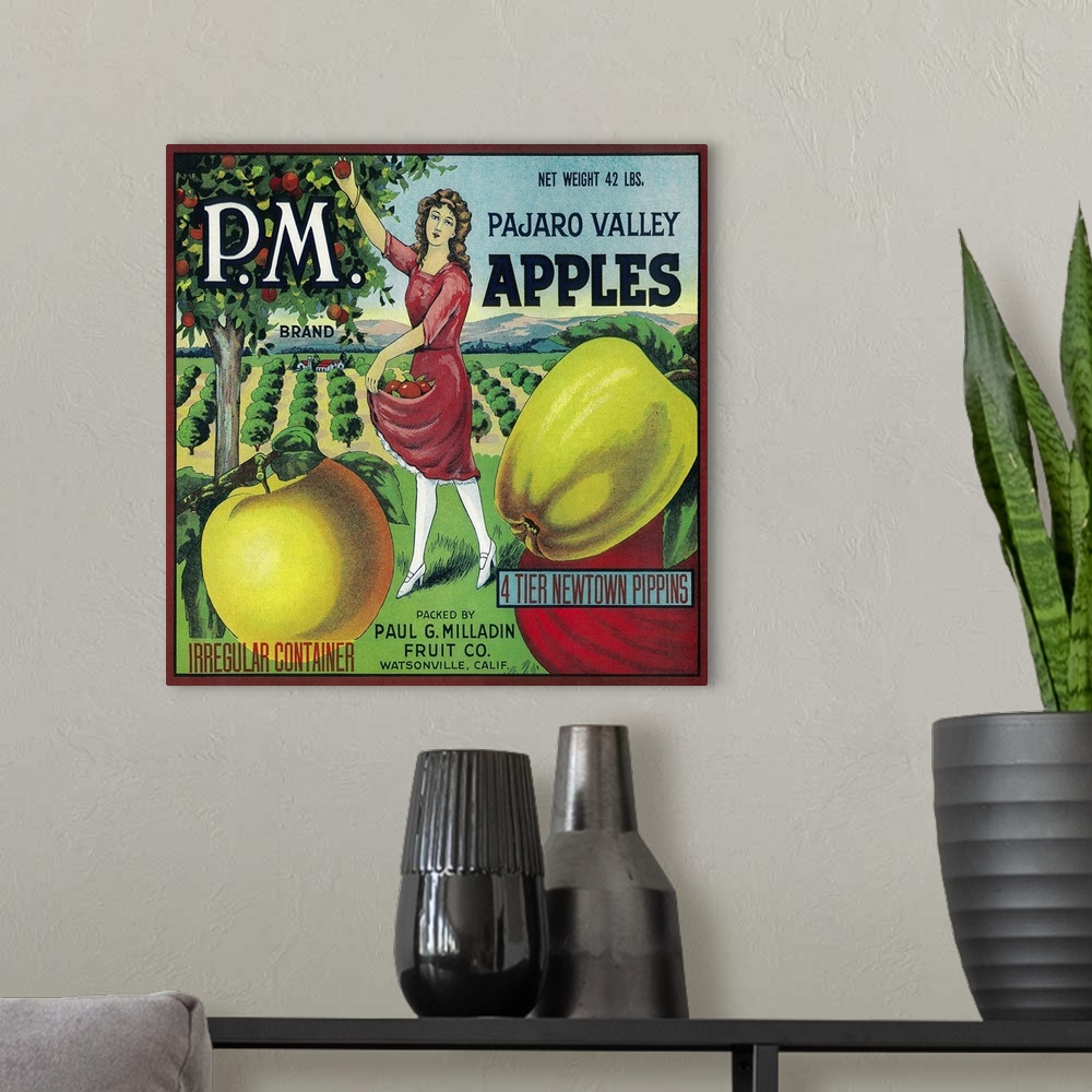 A modern room featuring P.M. Apple Crate Label, Watsonville, CA