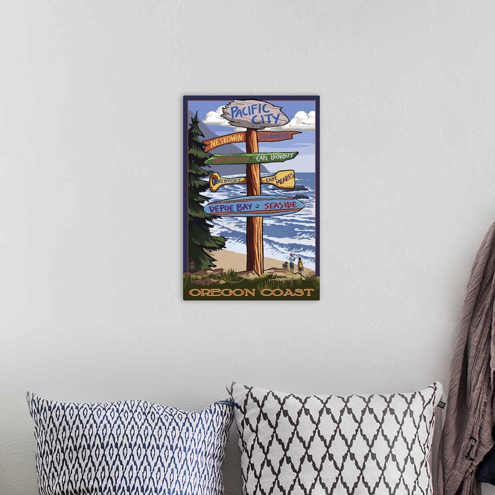 A bohemian room featuring Pacific City, Oregon Destinations Sign: Retro Travel Poster