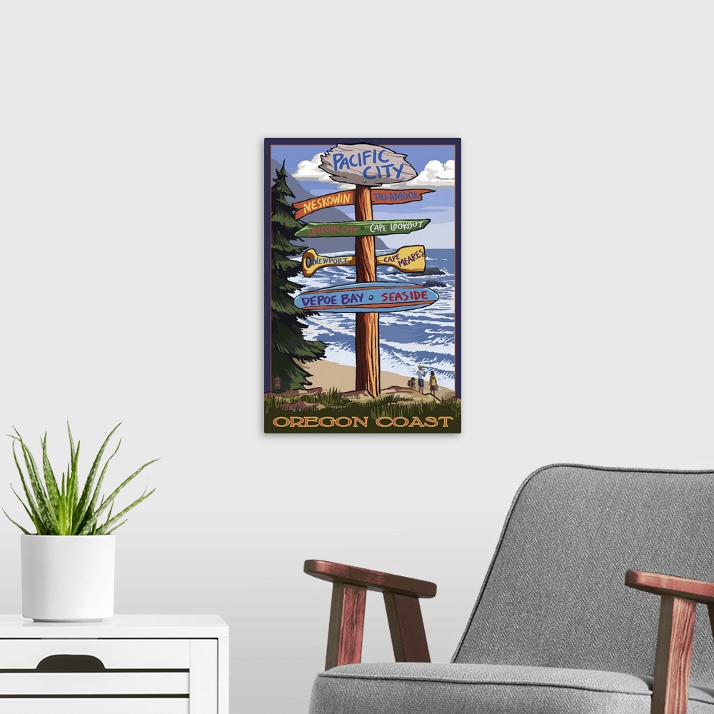 A modern room featuring Pacific City, Oregon Destinations Sign: Retro Travel Poster
