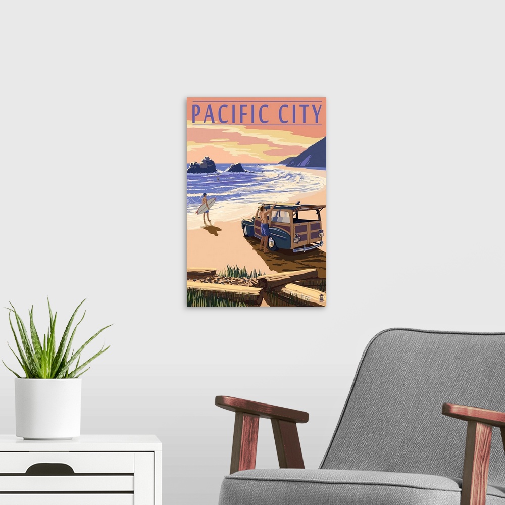 A modern room featuring Pacific City, Oregon - Woody on Beach: Retro Travel Poster