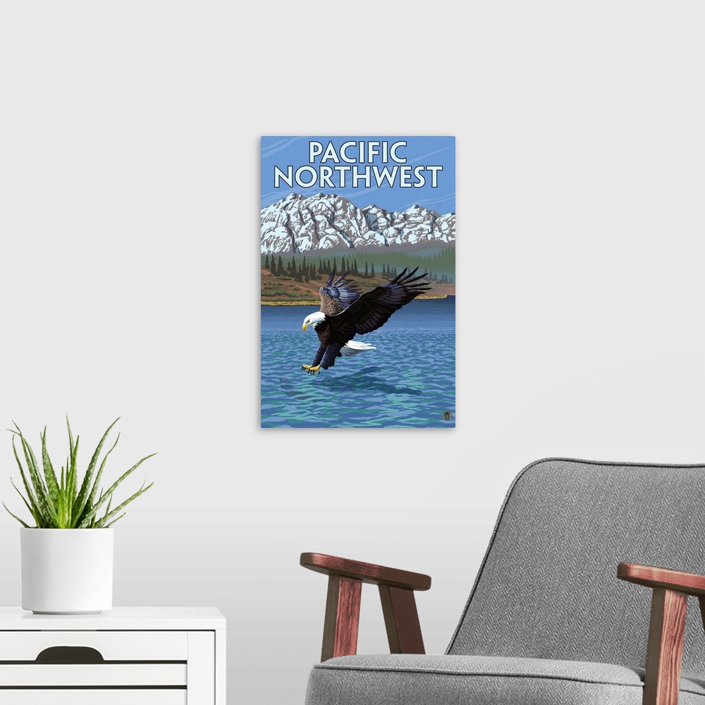 A modern room featuring Pacific Northwest - Fishing Eagle: Retro Travel Poster