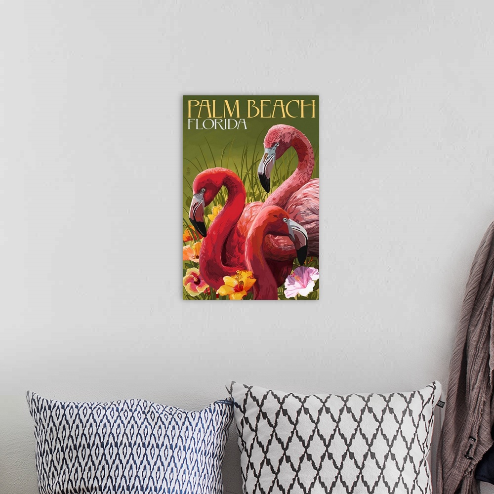 A bohemian room featuring Palm Beach, Florida - Flamingos: Retro Travel Poster