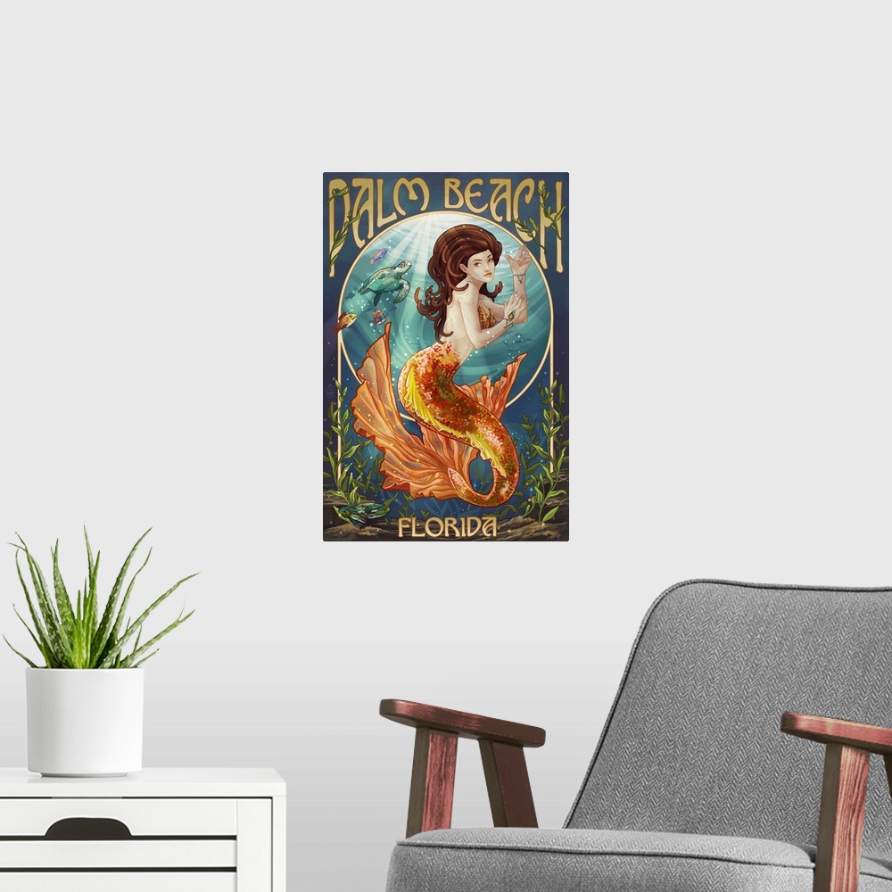 A modern room featuring Palm Beach, Florida - Mermaid Scene: Retro Travel Poster