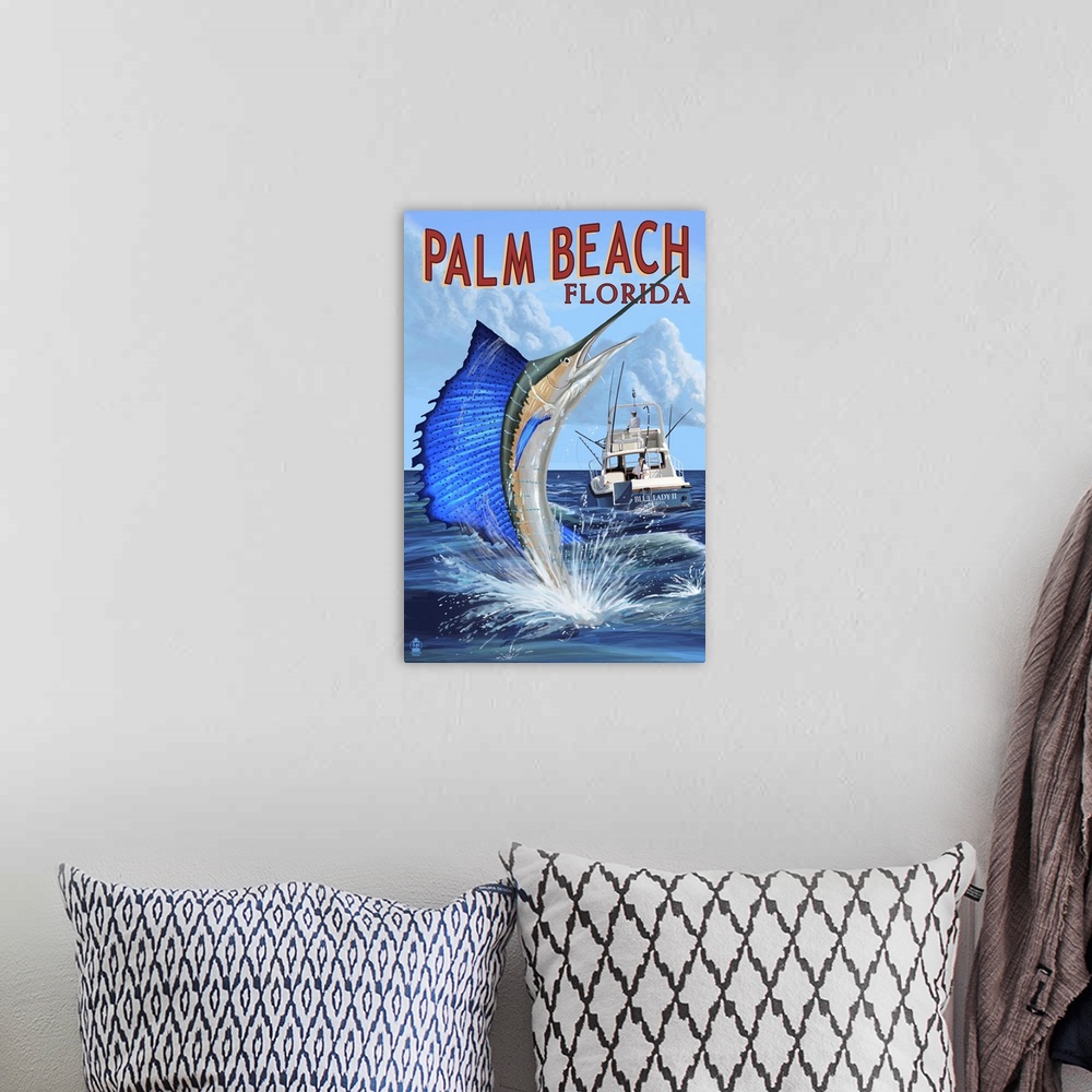 A bohemian room featuring Palm Beach, Florida - Sailfish Scene: Retro Travel Poster