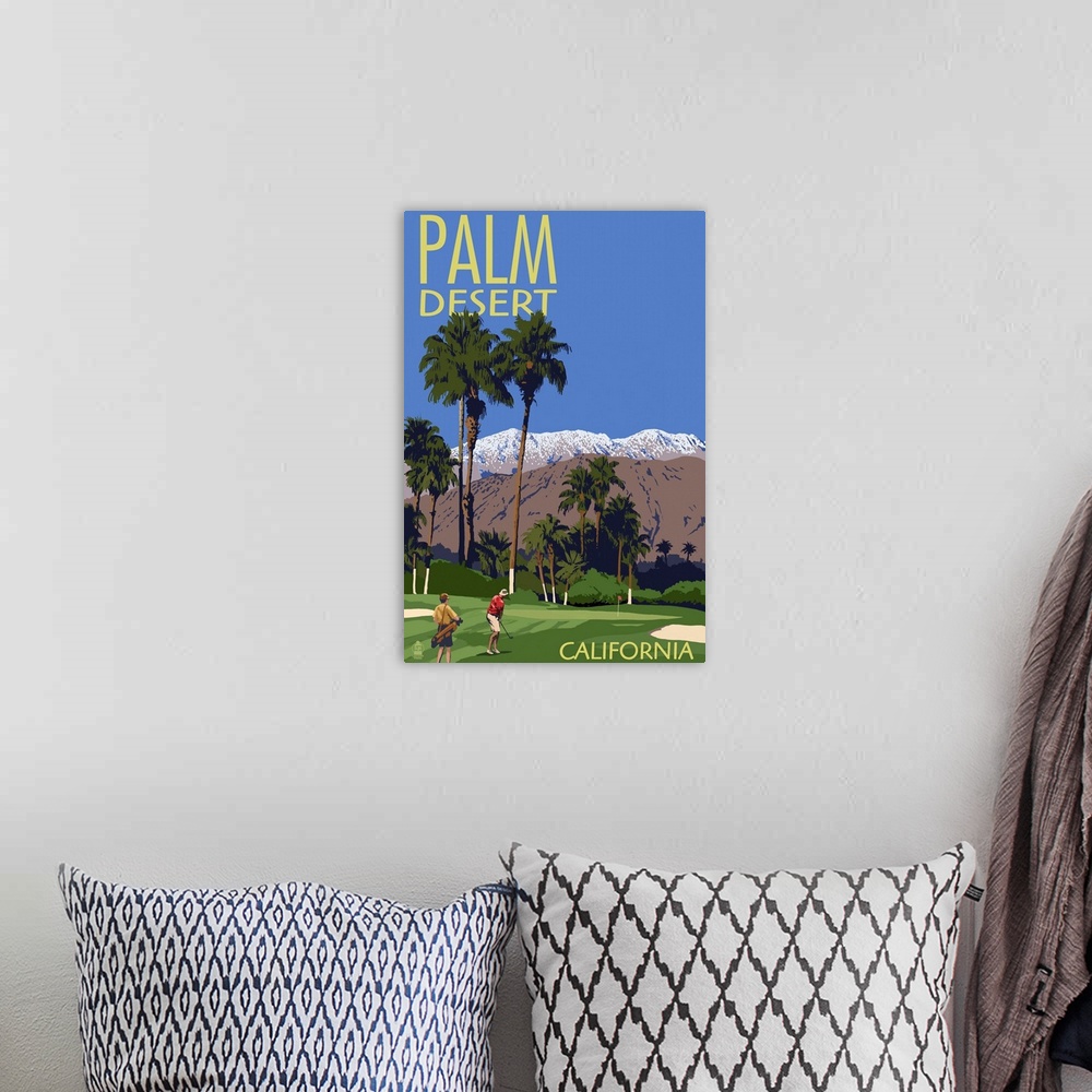 A bohemian room featuring Retro stylized art poster of golfers on a golf course with tall palms and a mountainous background.