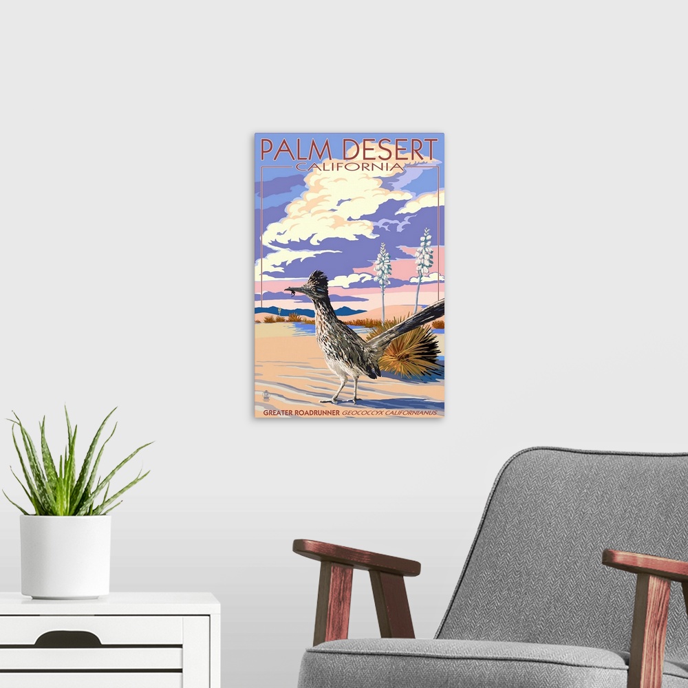 A modern room featuring Palm Desert, California - Roadrunner Scene: Retro Travel Poster