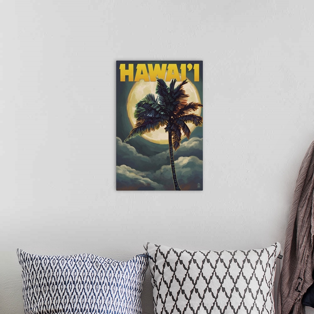 A bohemian room featuring Palms and Full Moon - Hawaii: Retro Travel Poster