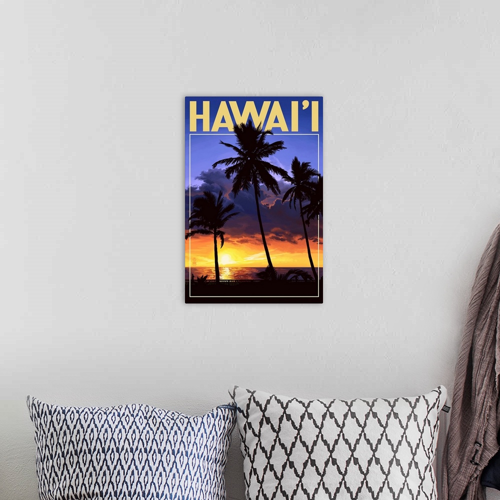 A bohemian room featuring Palms and Sunset - Hawaii: Retro Travel Poster