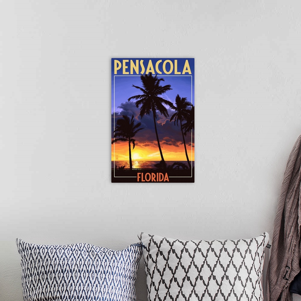 A bohemian room featuring Palms and Sunset - Pensacola, Florida: Retro Travel Poster