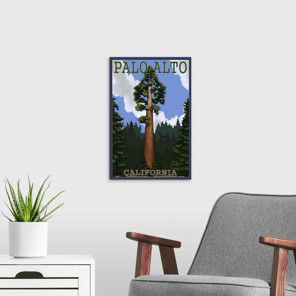 A modern room featuring Palo Alto, California - California Redwoods: Retro Travel Poster