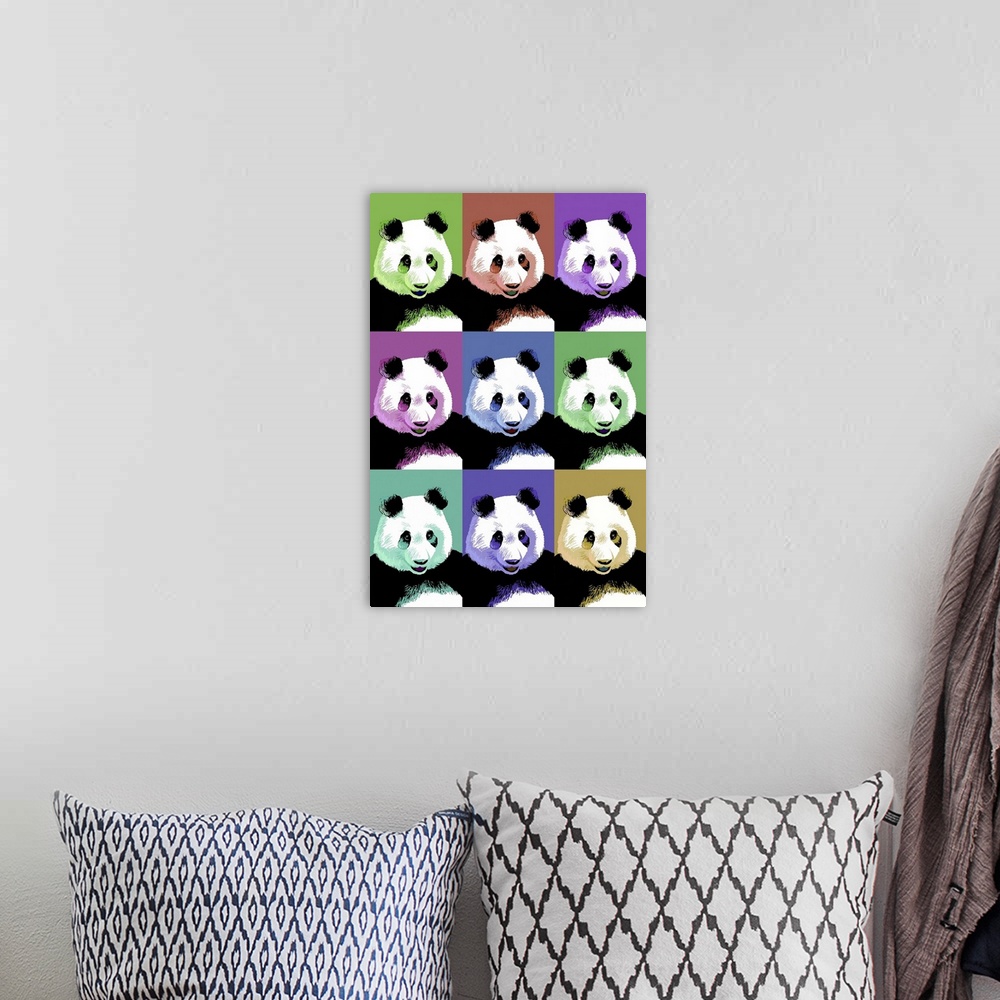 A bohemian room featuring Panda Pop Art - Visit the Zoo: Retro Travel Poster