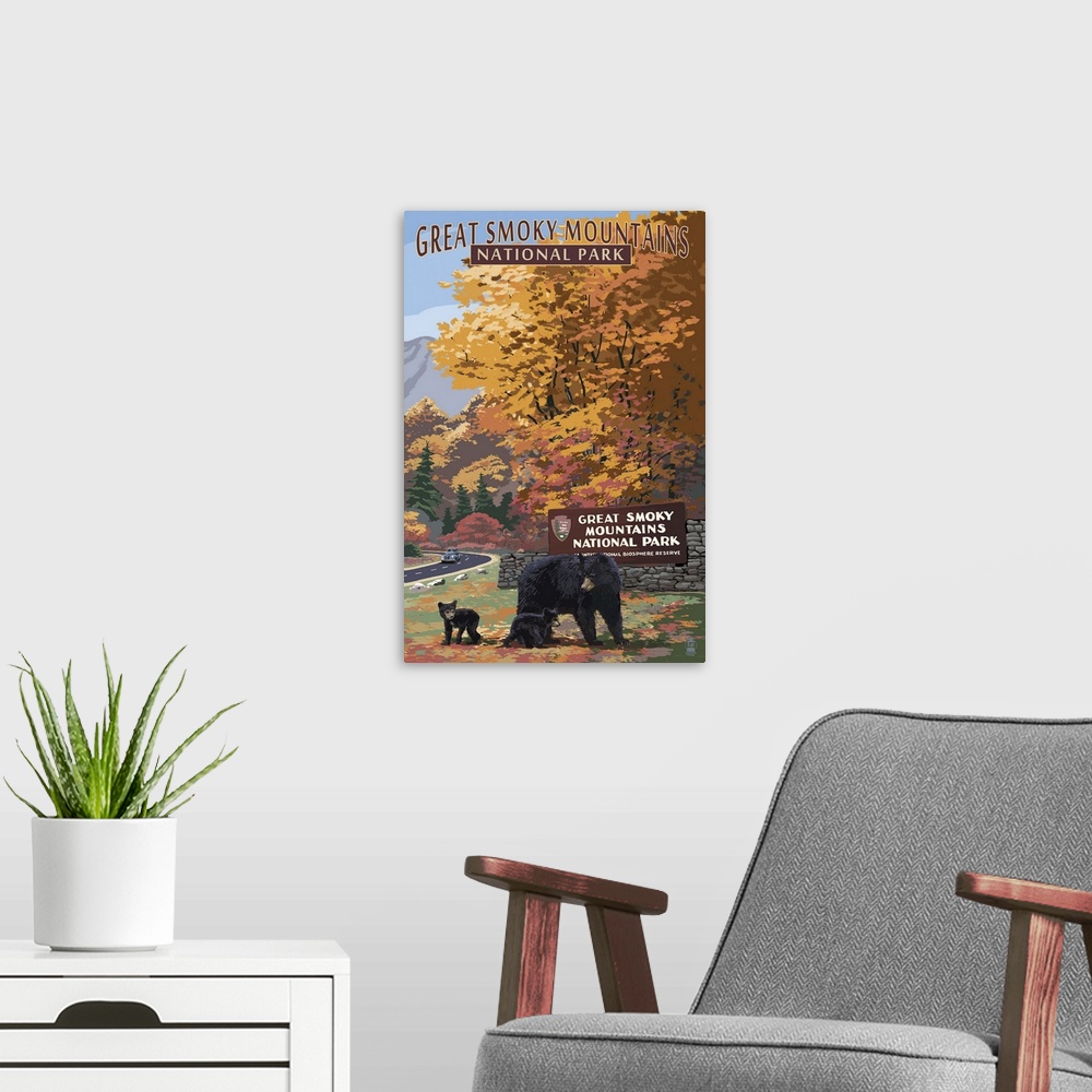 A modern room featuring Park Entrance and Bears - Great Smoky Mountains National Park, TN: Retro Travel Poster