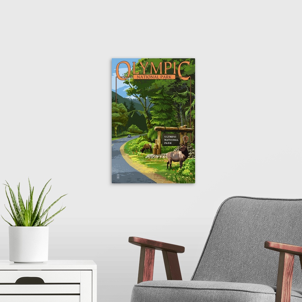 A modern room featuring Park Entrance and Elk - Olympic National Park, Washington: Retro Travel Poster
