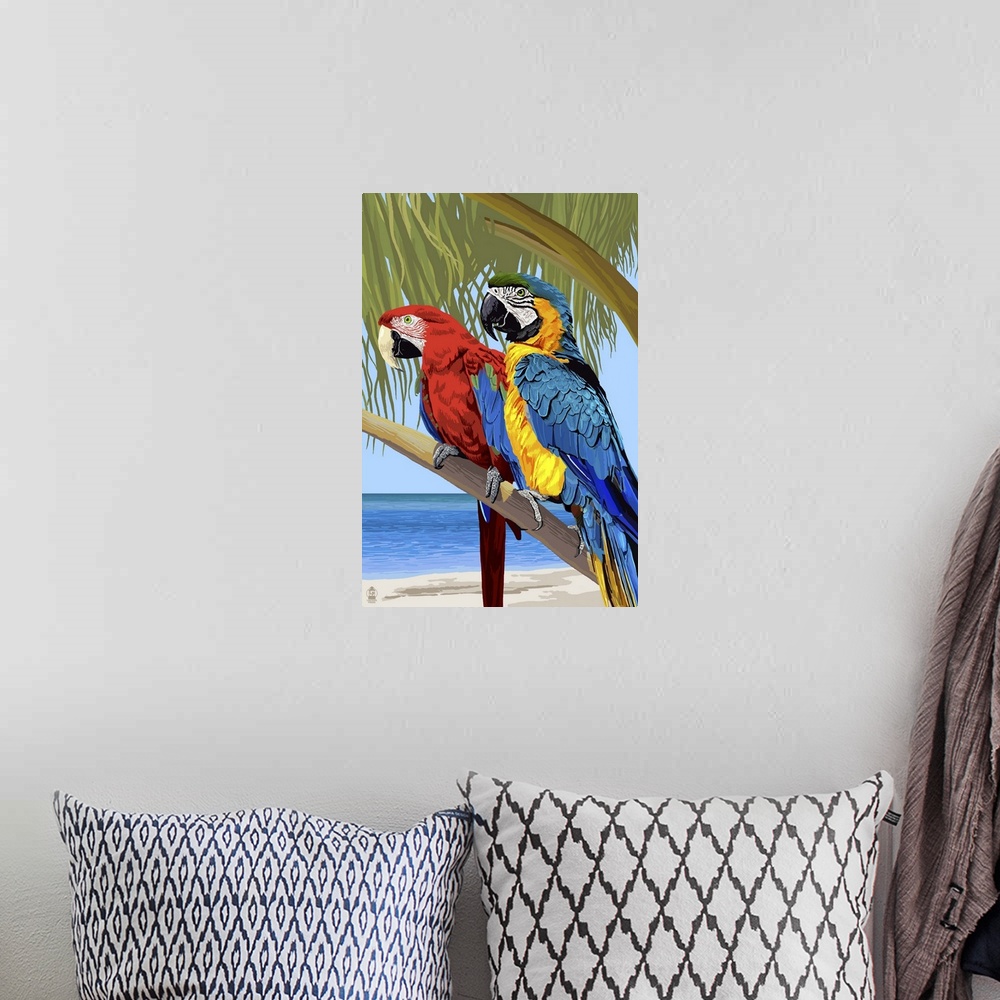 A bohemian room featuring Parrots: Retro Poster Art