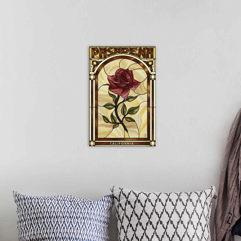 A bohemian room featuring Pasadena, California - Rose Stained Glass: Retro Travel Poster