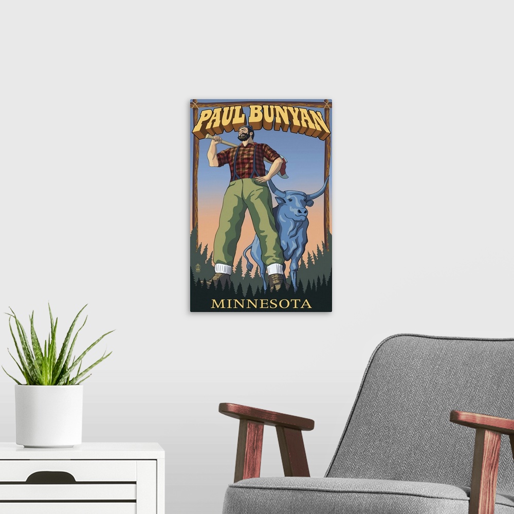 A modern room featuring Paul Bunyan - Minnesota: Retro Travel Poster