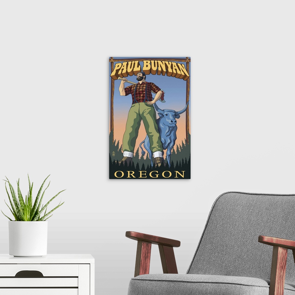 A modern room featuring Paul Bunyan - Oregon: Retro Travel Poster
