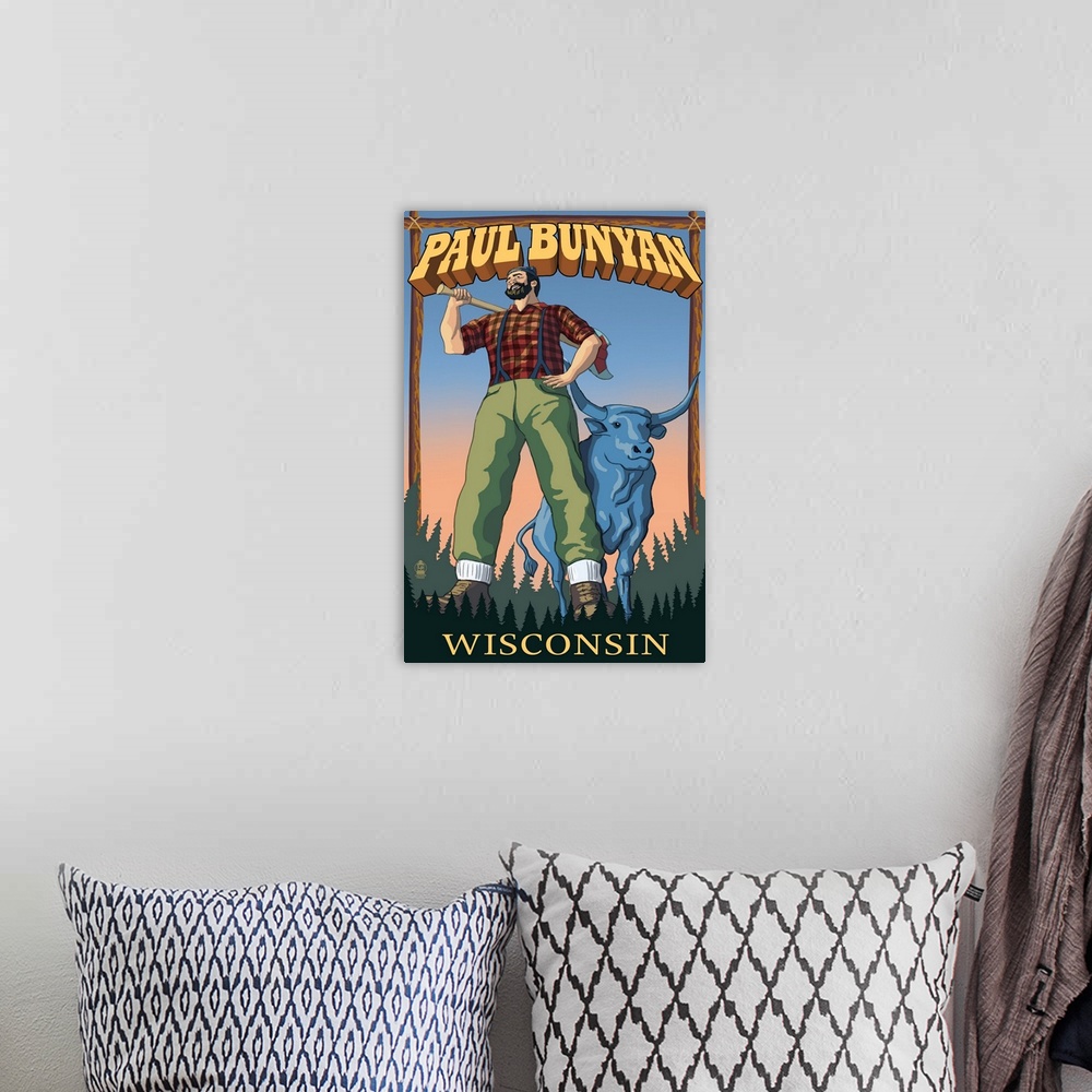 A bohemian room featuring Paul Bunyan - Wisconsin: Retro Travel Poster