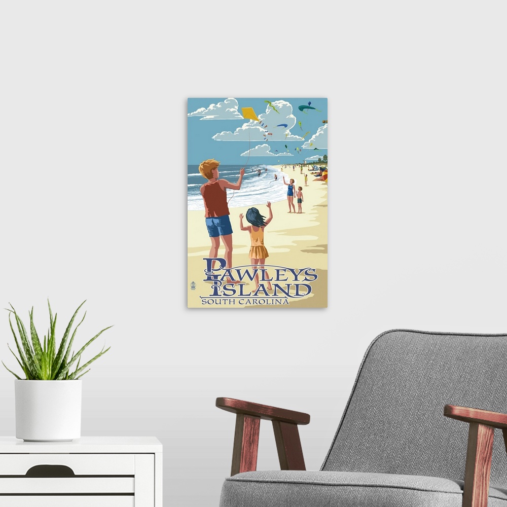 A modern room featuring Retro stylized art poster of children flying kites on a beach.