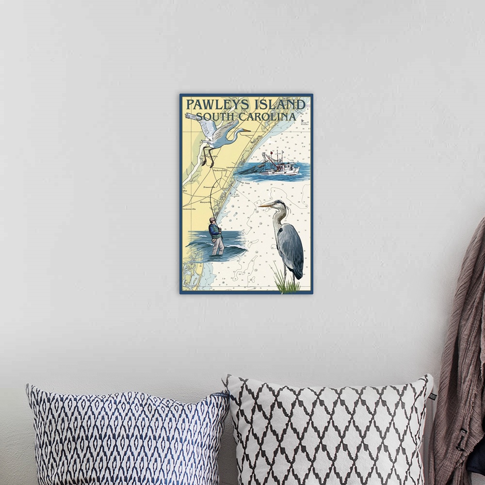 A bohemian room featuring Retro stylized art poster of a map with a blue heron, a fisherman and a fishing boat.