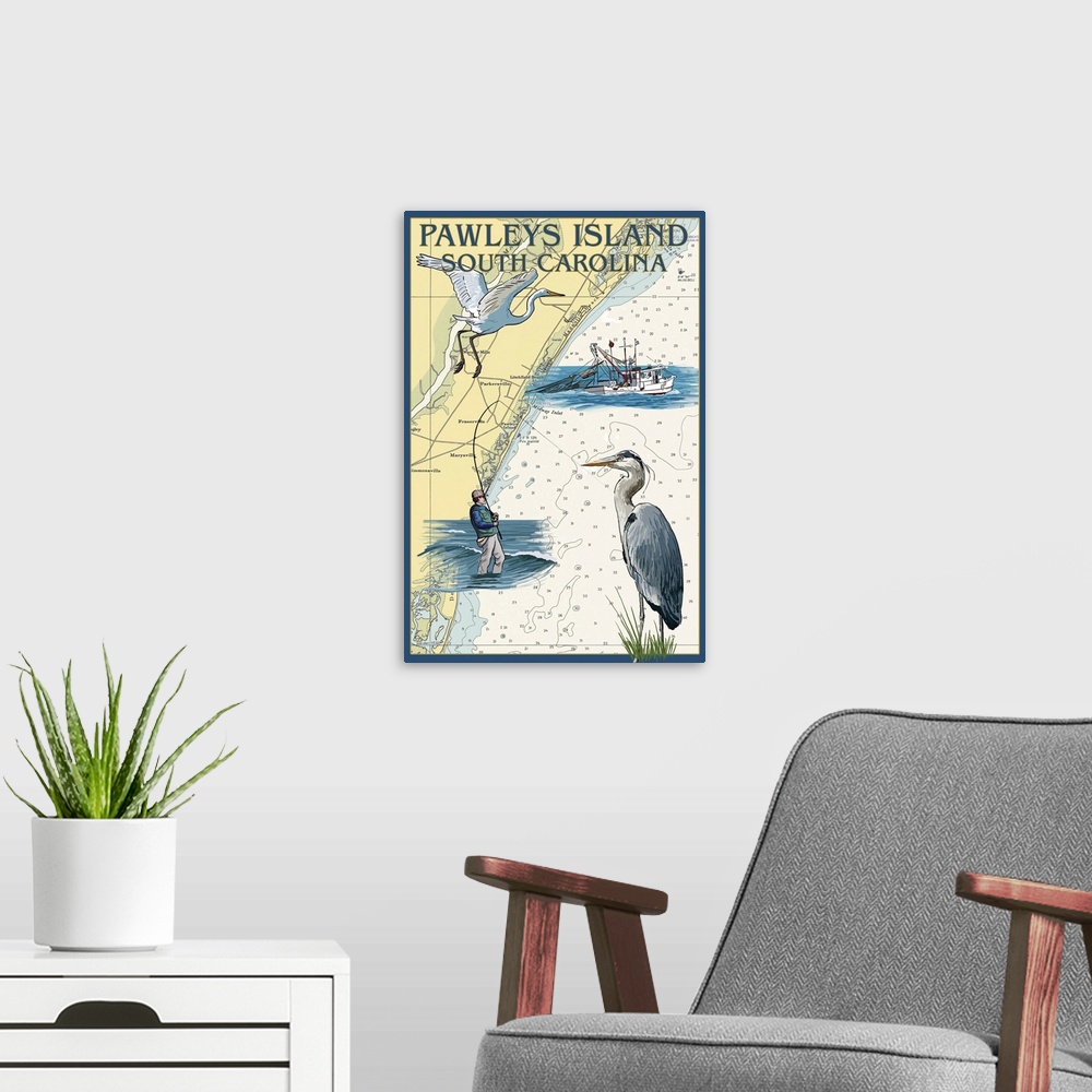 A modern room featuring Retro stylized art poster of a map with a blue heron, a fisherman and a fishing boat.