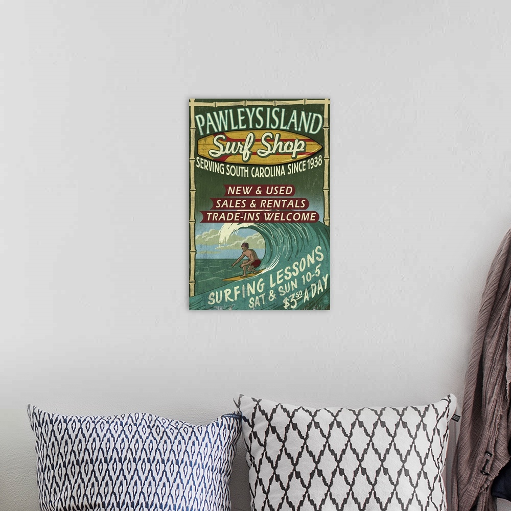 A bohemian room featuring Pawleys Island, South Carolina - Surf Shop Vintage Sign: Retro Travel Poster