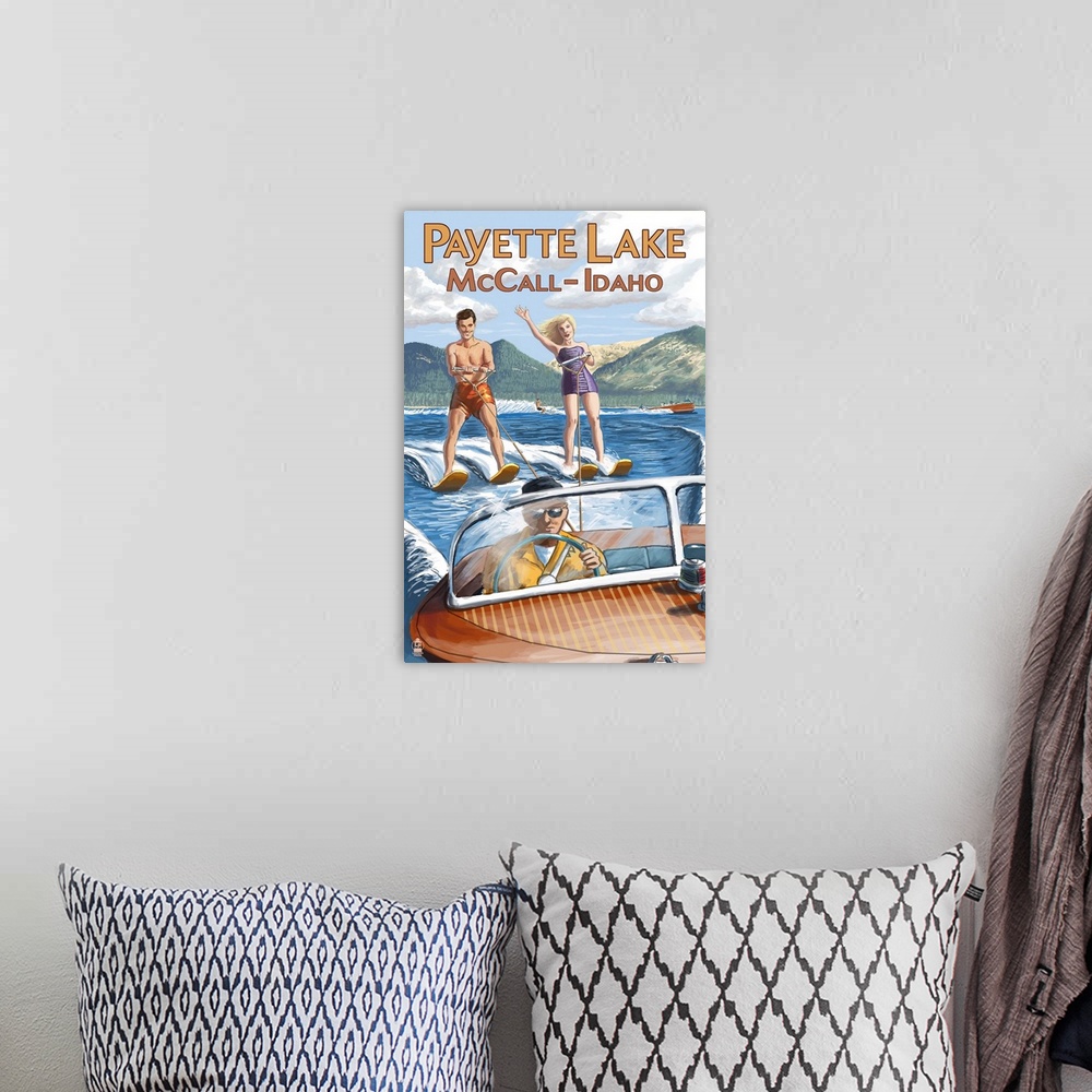 A bohemian room featuring Payette Lake, McCall, Idaho - Water Skiing Scene: Retro Travel Poster