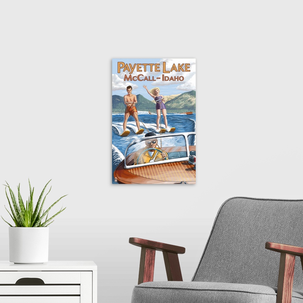 A modern room featuring Payette Lake, McCall, Idaho - Water Skiing Scene: Retro Travel Poster