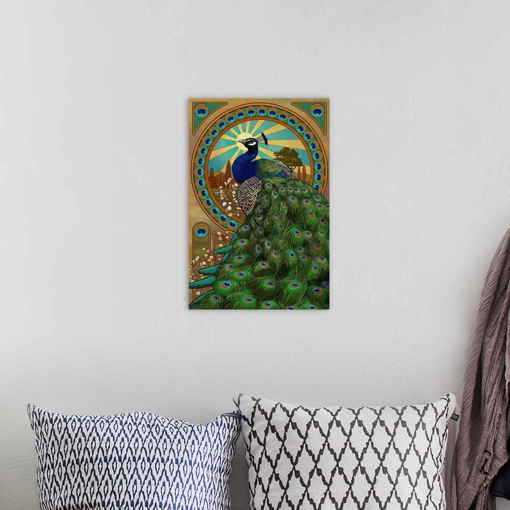 A bohemian room featuring Peacock - Art Nouveau: Retro Art Poster