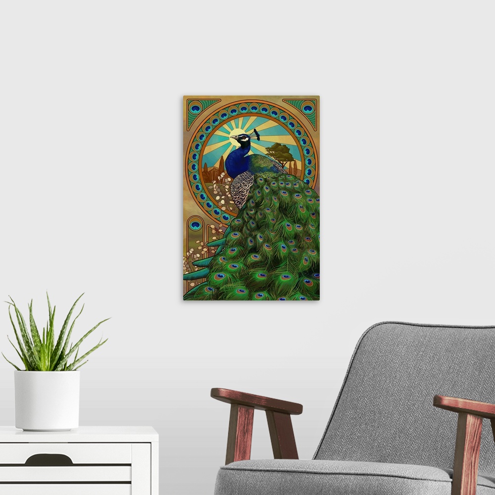 A modern room featuring Peacock - Art Nouveau: Retro Art Poster