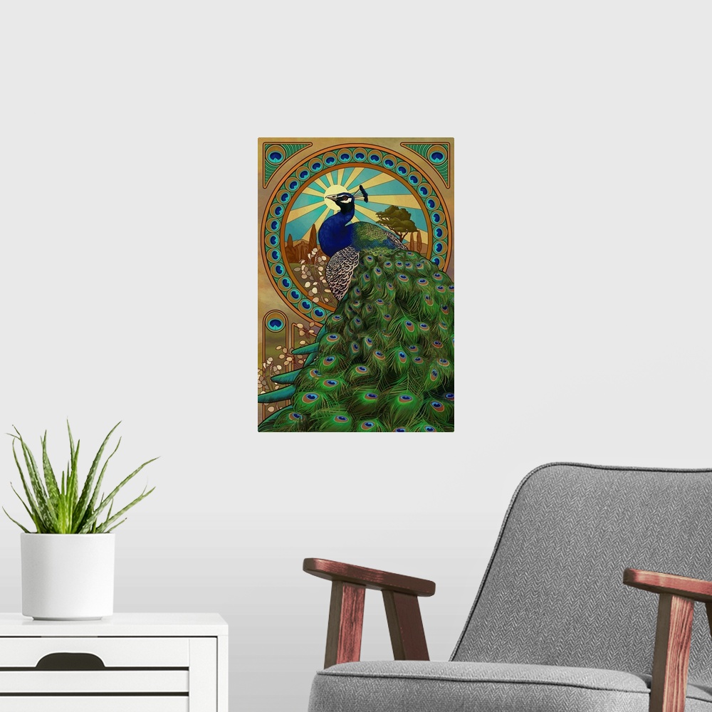 A modern room featuring Peacock - Art Nouveau: Retro Art Poster