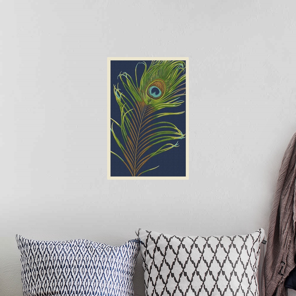 A bohemian room featuring Peacock Feather - Letterpress: Retro Art Poster